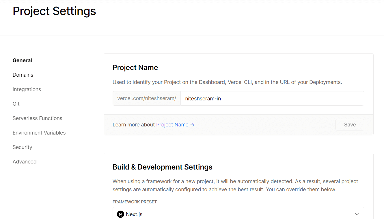Vercel Project settings