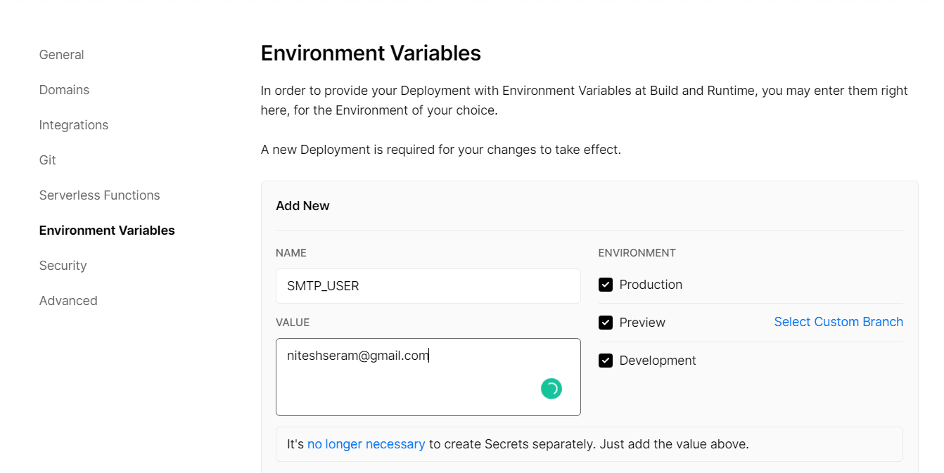 Vercel Environment variables